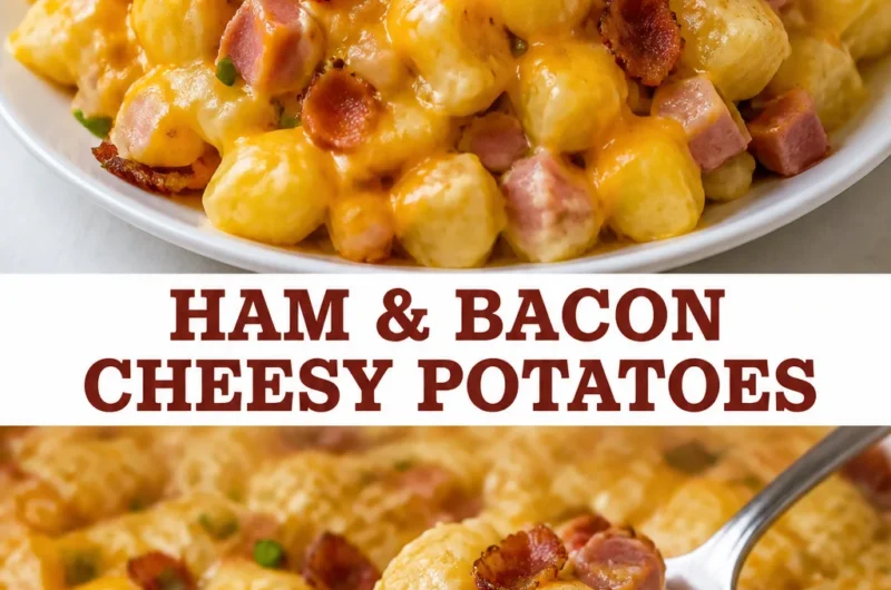 Delicious ham and bacon cheesy potatoes served as a perfect side dish