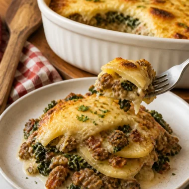 Italian Zuppa Toscana Casserole garnished with fresh herbs