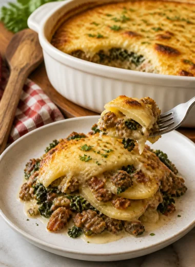 Italian Zuppa Toscana Casserole garnished with fresh herbs