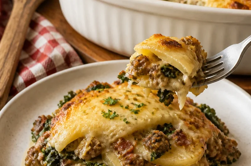 Italian Zuppa Toscana Casserole garnished with fresh herbs