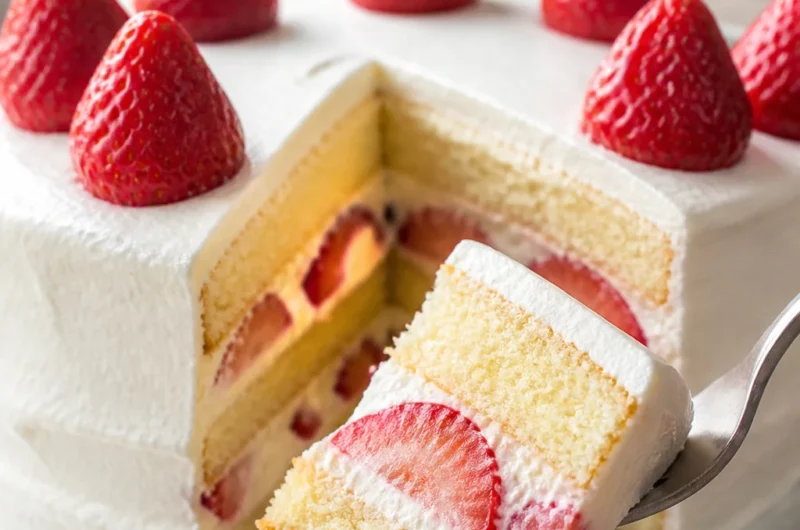 Japanese Strawberry Shortcake with sponge cake layers and fresh strawberries