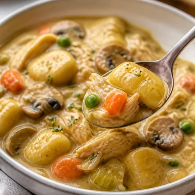 One Pot Gnocchi Chicken Pot Pie with creamy filling and golden crust