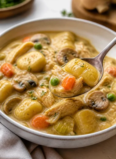 One Pot Gnocchi Chicken Pot Pie with creamy filling and golden crust